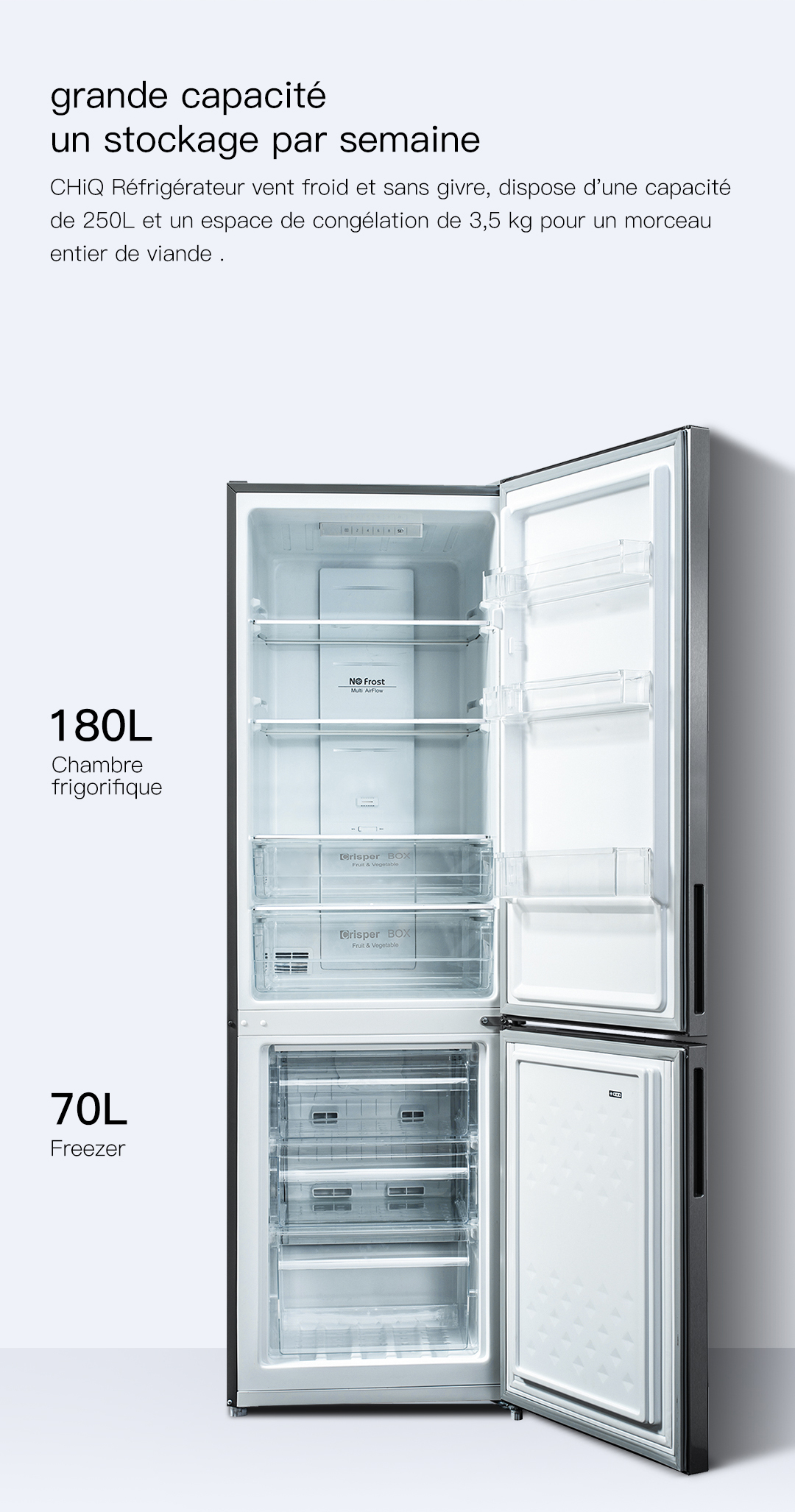 CHiQ Réfrigérateur congélateur bas fbm205l4 205l (153+52) low frost, acier  inoxydable, 38 db, 12 ans de garantie sur le compress - Achat / Vente  réfrigérateur classique CHiQ Réfrigérateur congélateur bas fbm205l4 205l (